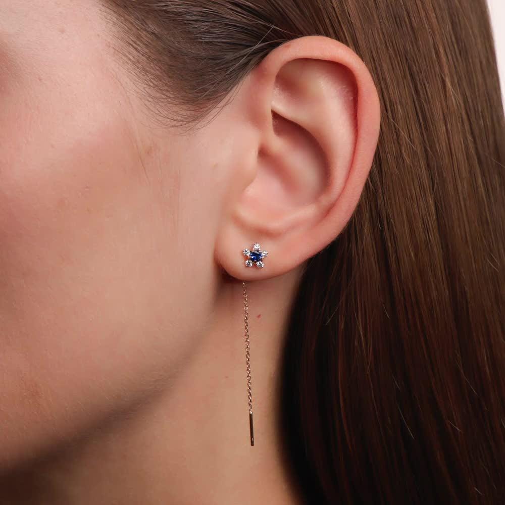 Sapphire Star Threader Earrings | Diamond Halo, Solid Gold Dangles.
