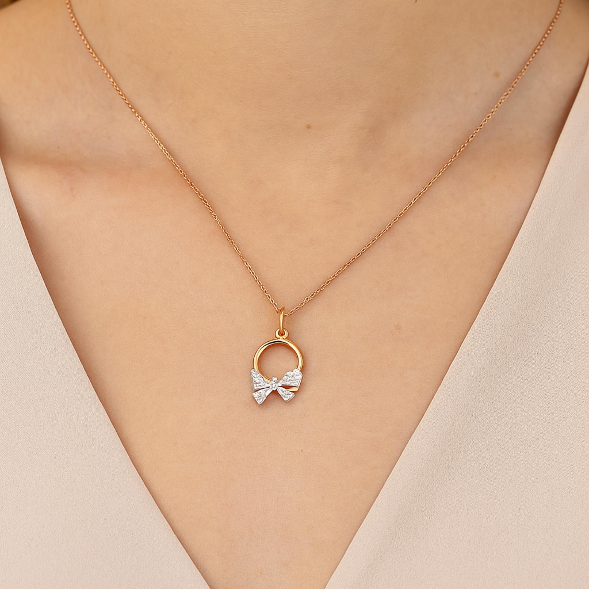 Solid Gold Bow Lab Diamond Pendant 18'' Chain
