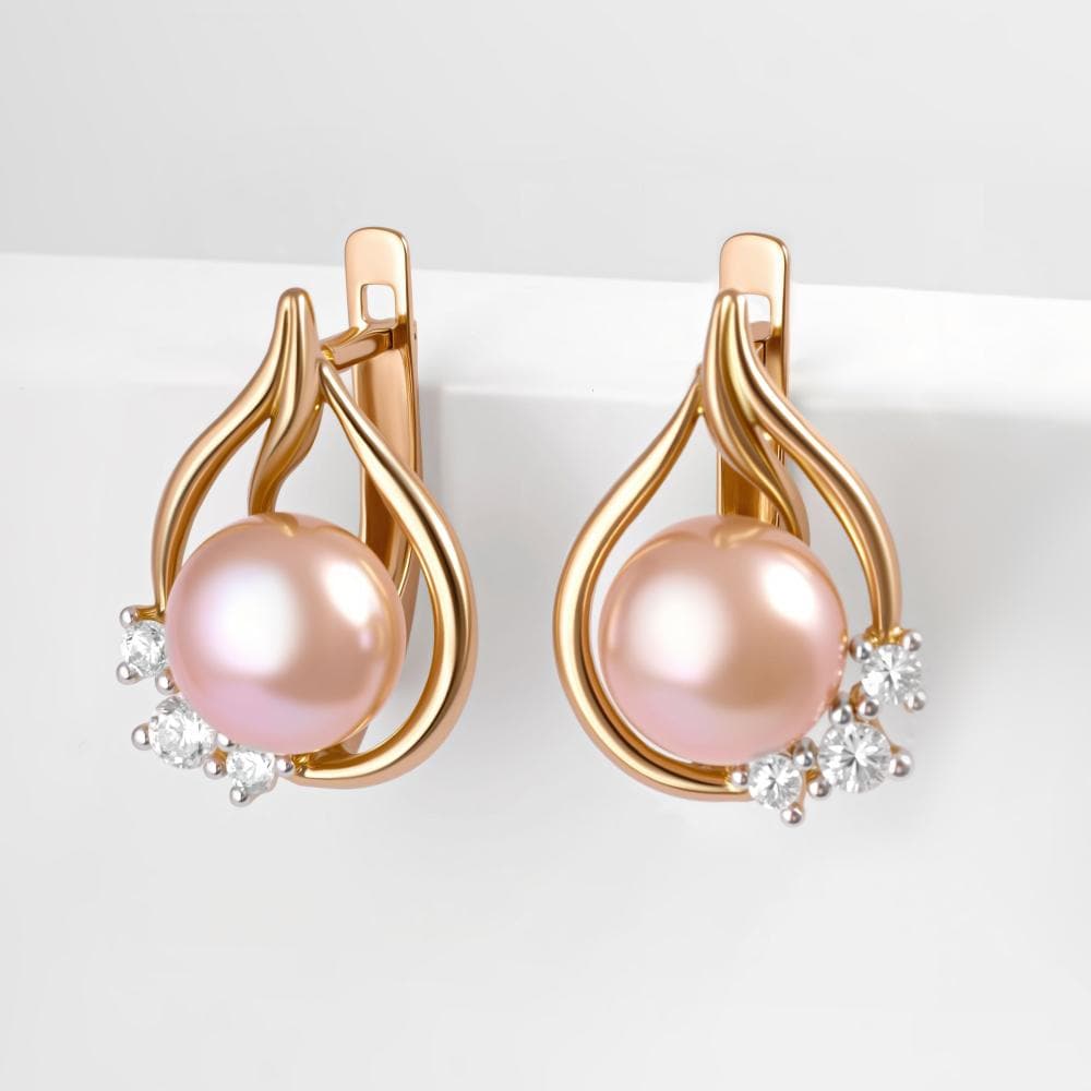 Solid Gold Pink Pearl Earrings, Lab Grown Diamond Hoop, Teardrop Design.