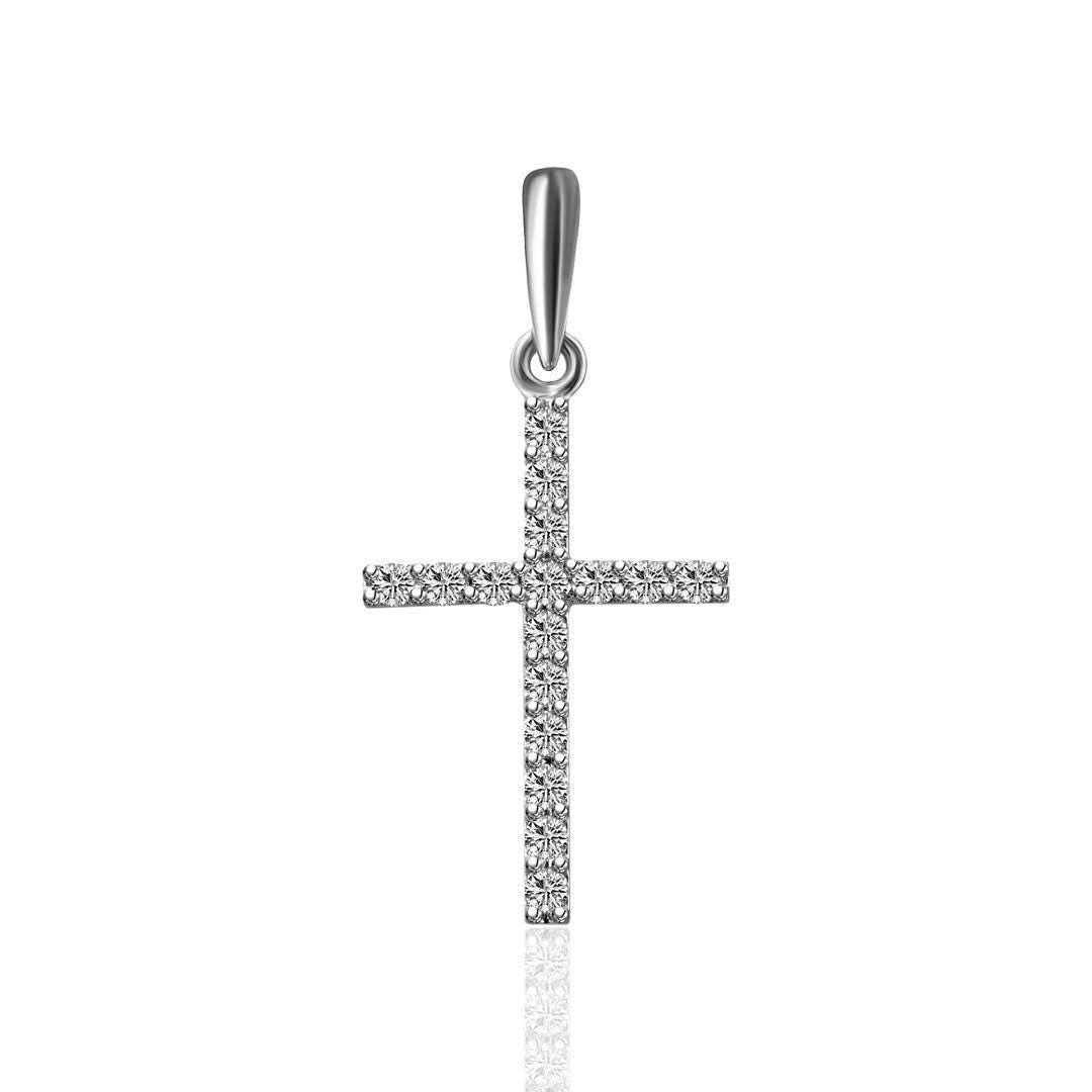 Solid Gold Lab Diamond Cross Pendant, Sterling Silver Chain.