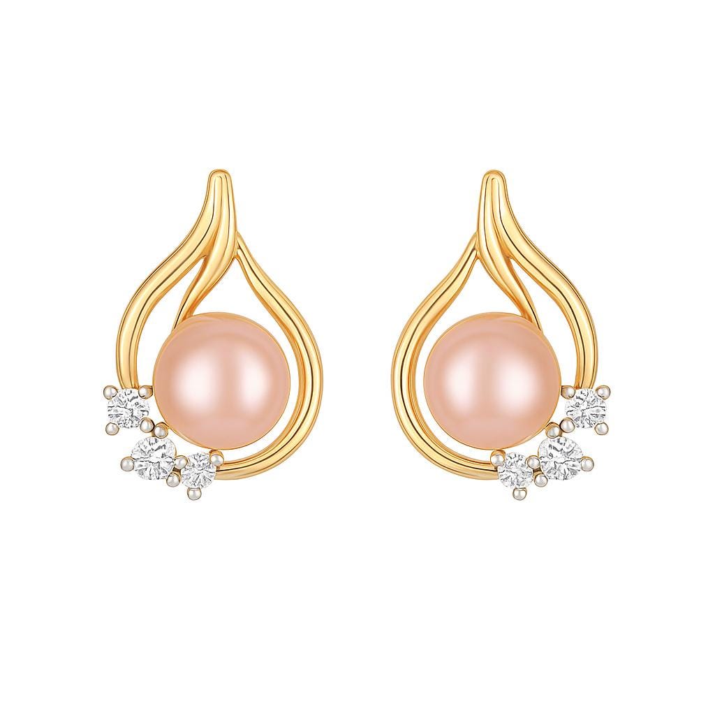 Solid Gold Pink Pearl Earrings, Lab Grown Diamond Hoop, Teardrop Design.
