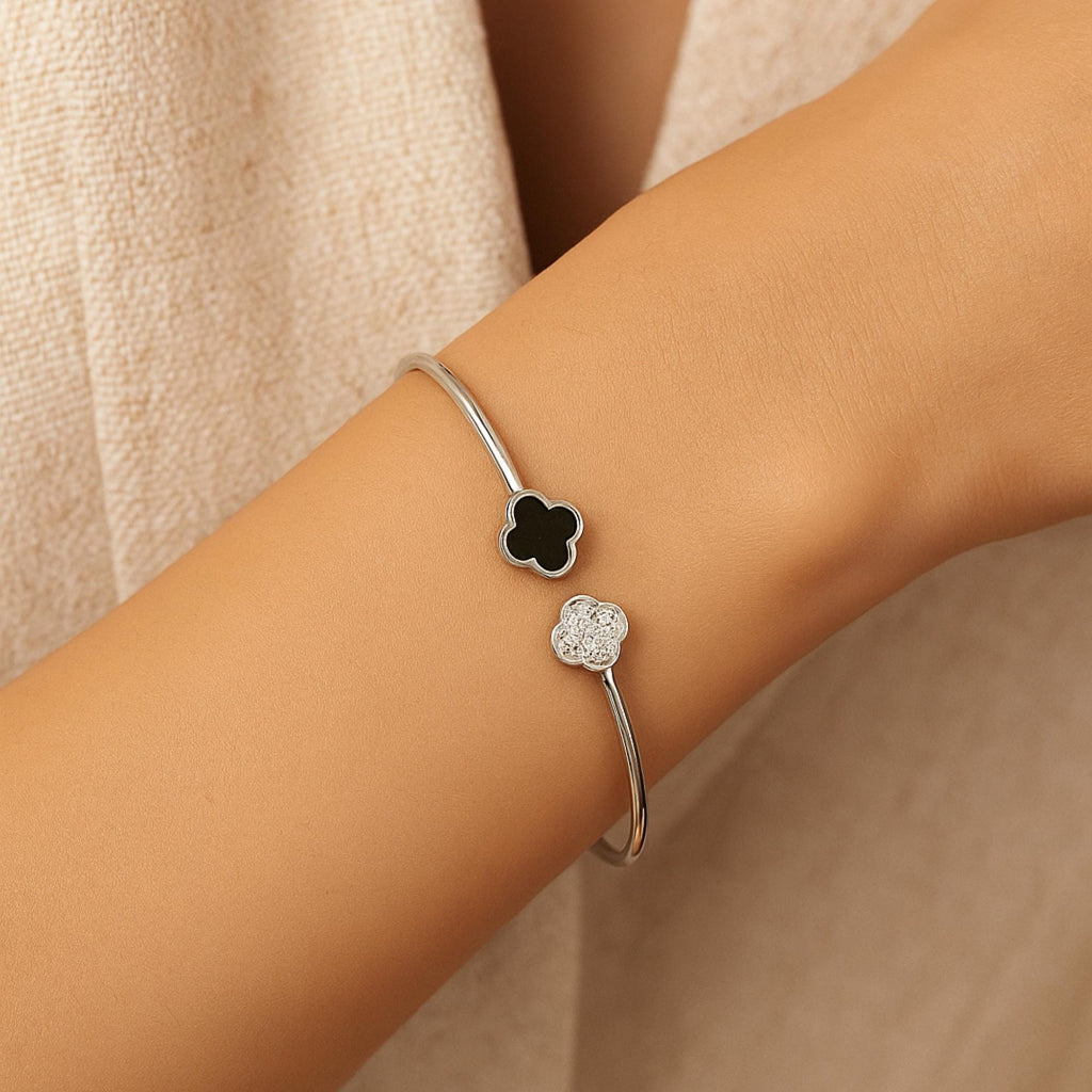 Solid Gold Clover Bangle Black & White Diamond Enamel Cuff