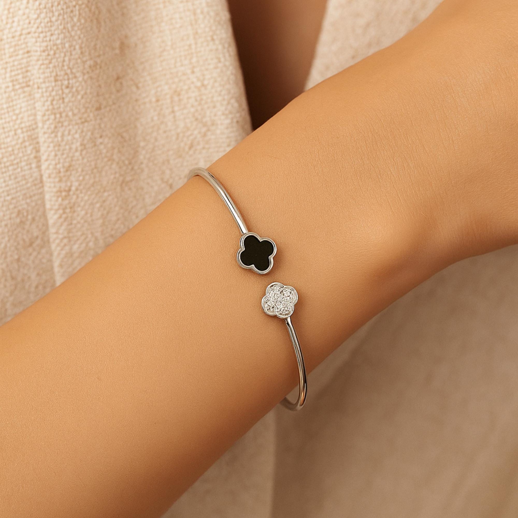 Solid Gold Clover Bangle Black & White Diamond Enamel Cuff