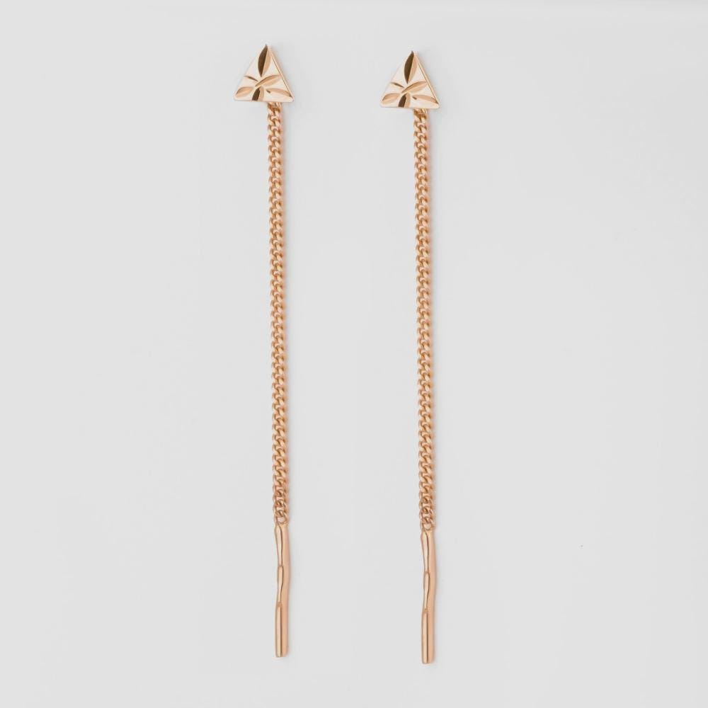 Solid Gold Geometric Triangle Chain Threader Earrings, Dangle Drops.