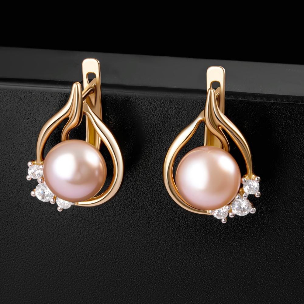 Solid Gold Pink Pearl Earrings, Lab Grown Diamond Hoop, Teardrop Design.