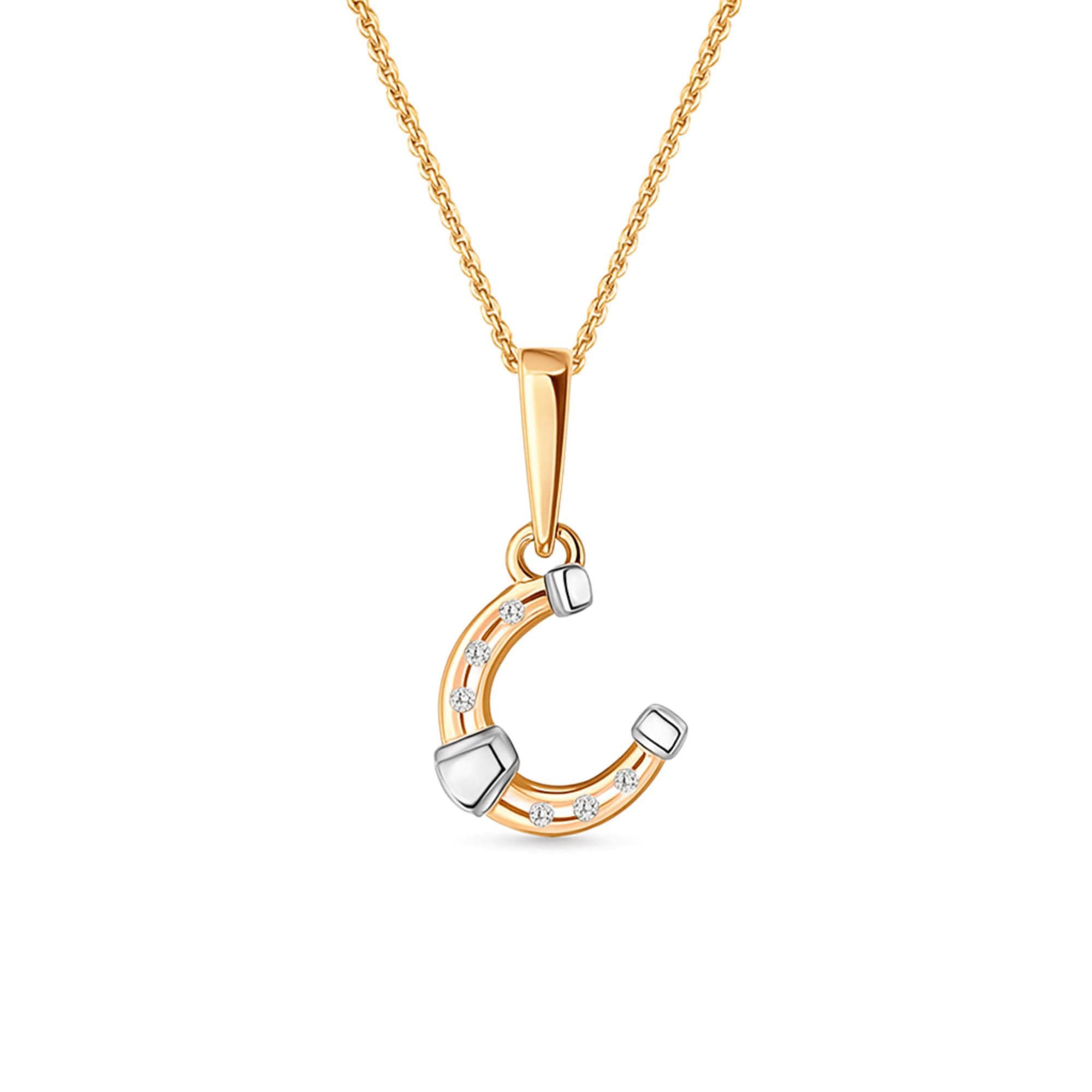 Solid Gold Horseshoe Pendant, Lab Grown Diamond Lucky Charm Necklace