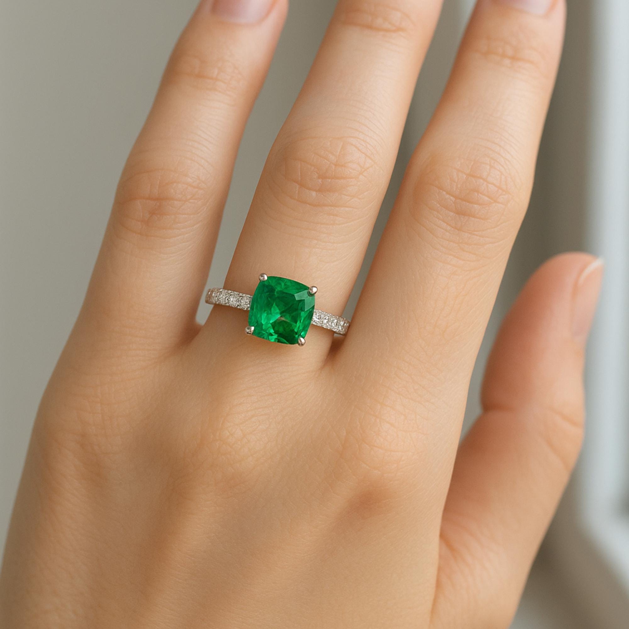 Solid Gold Cushion Cut Emerald Ring Diamond Accent Engagement Ring
