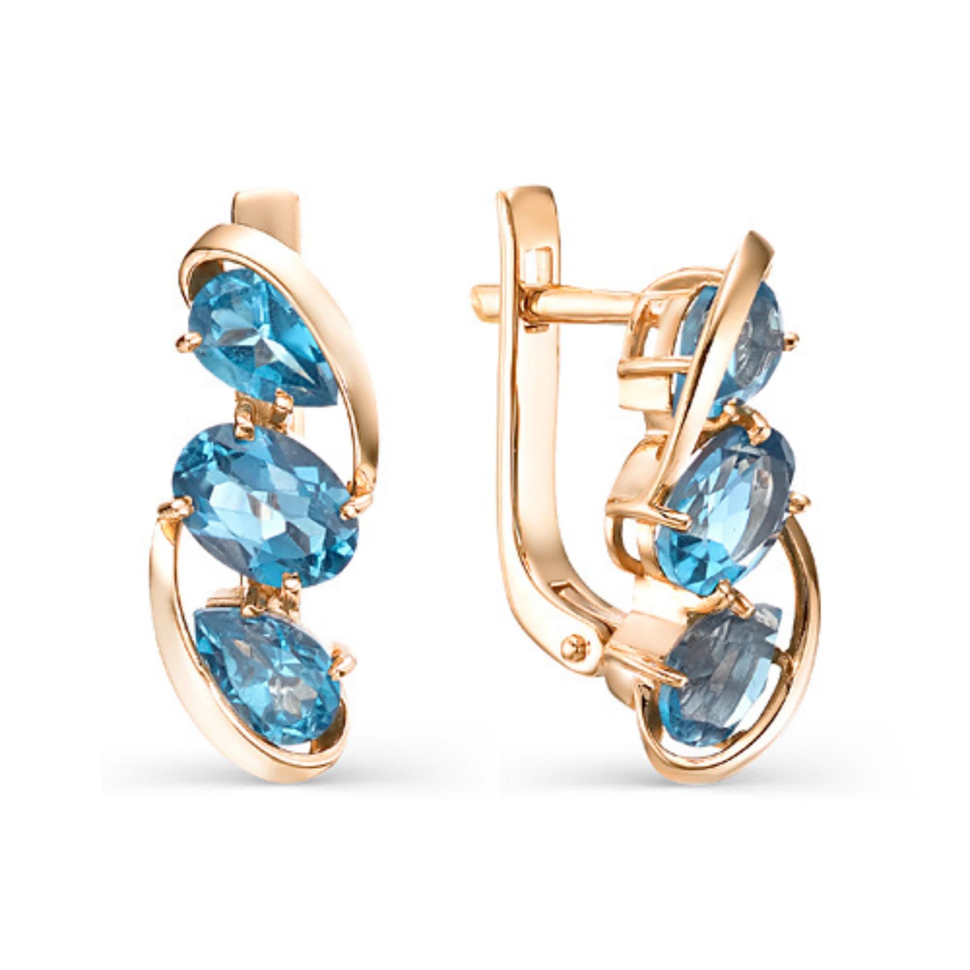 Solid Gold Blue Topaz Dangle Earrings | Oval Gem Drop Hoops