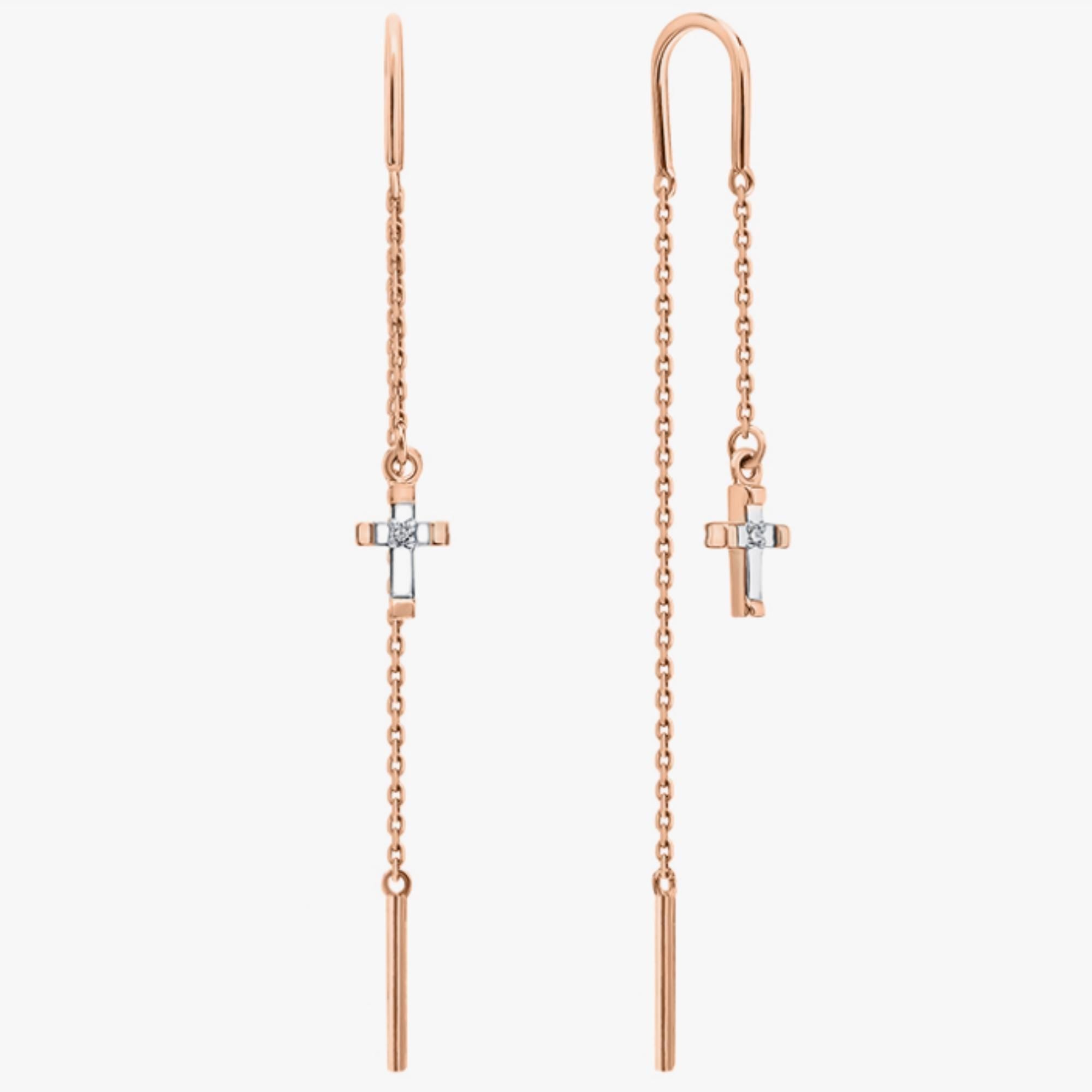 Solid Gold Cross Threader Earrings: Dainty Rose Gold Chain Dangle.