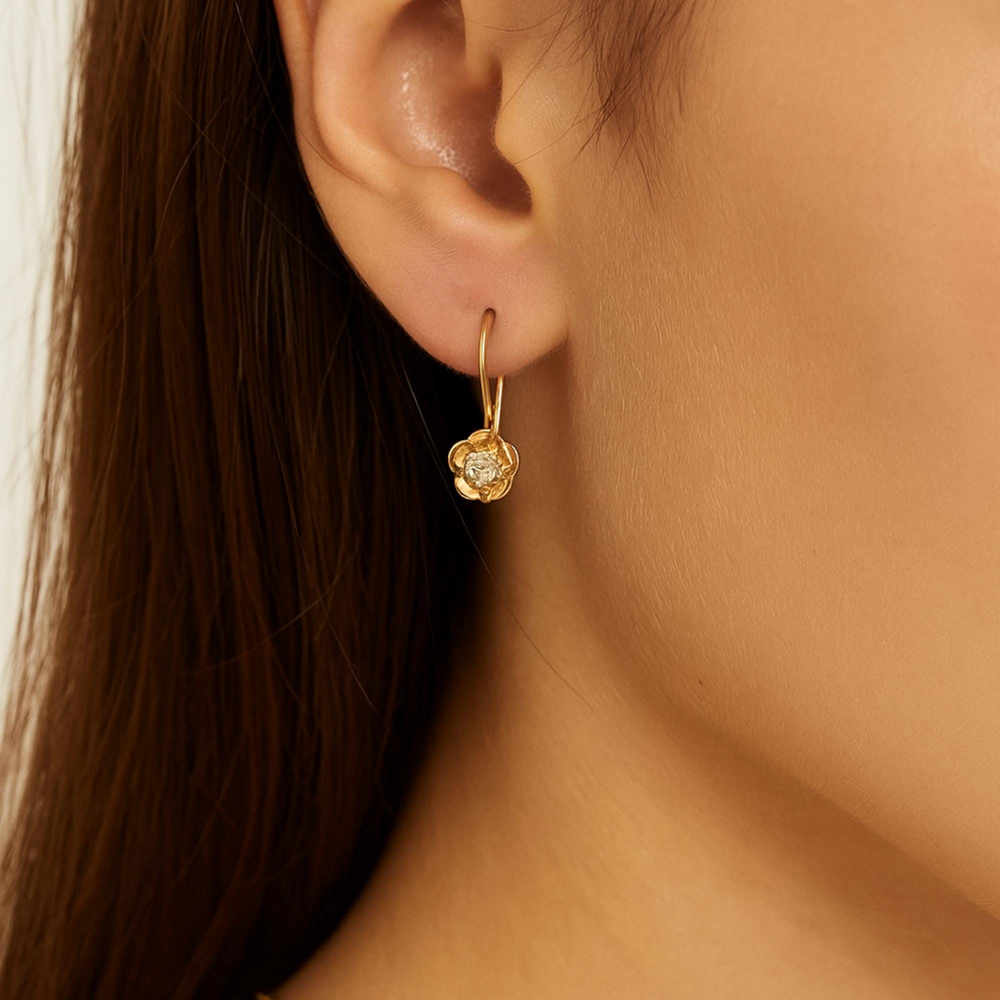 Solid Gold Floral Diamond Drop Earrings, Dainty Flower Hook Earrings