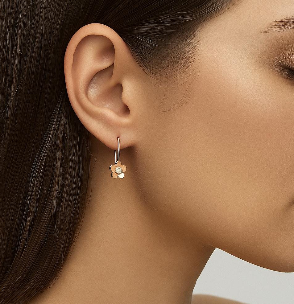 Solid Gold Flower Earrings with Lab Grown Diamond | Dainty Floral Earrings.