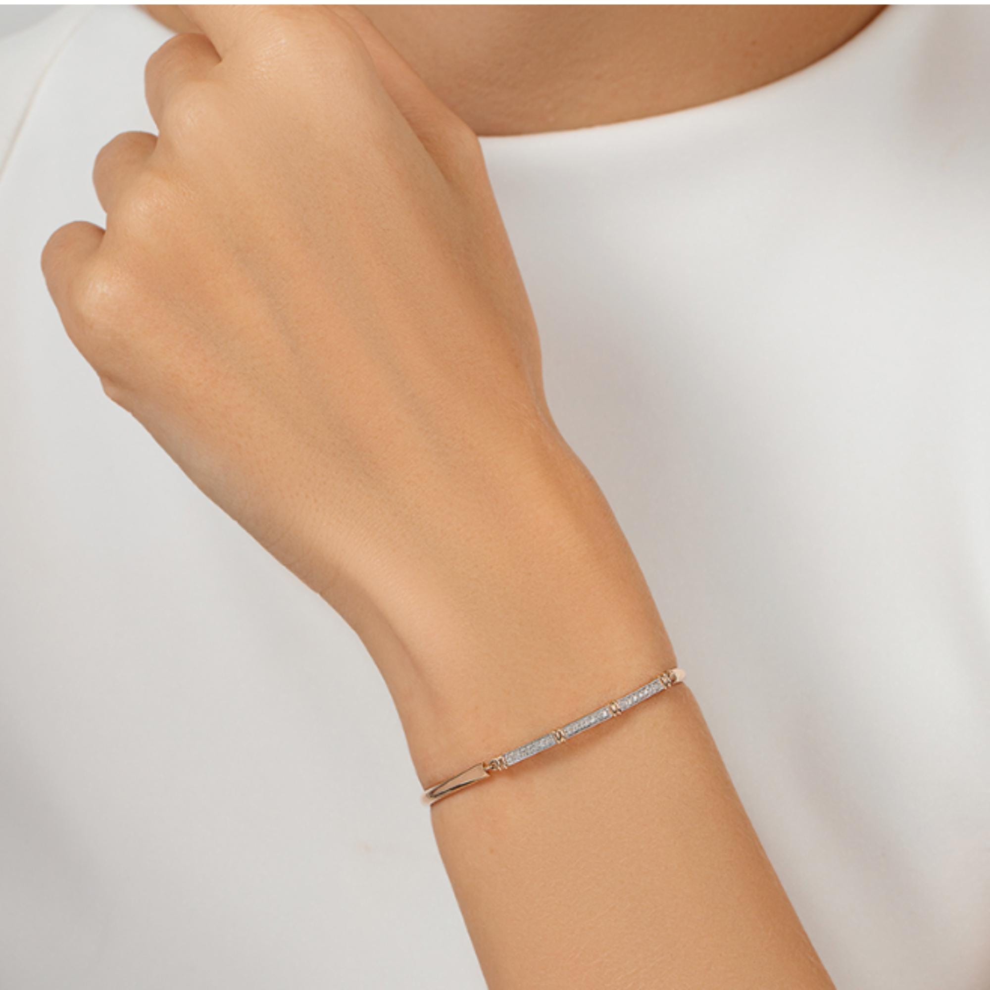 Solid Gold Two-Tone Diamond Bar Bangle | Adjustable Minimalist Bracelet