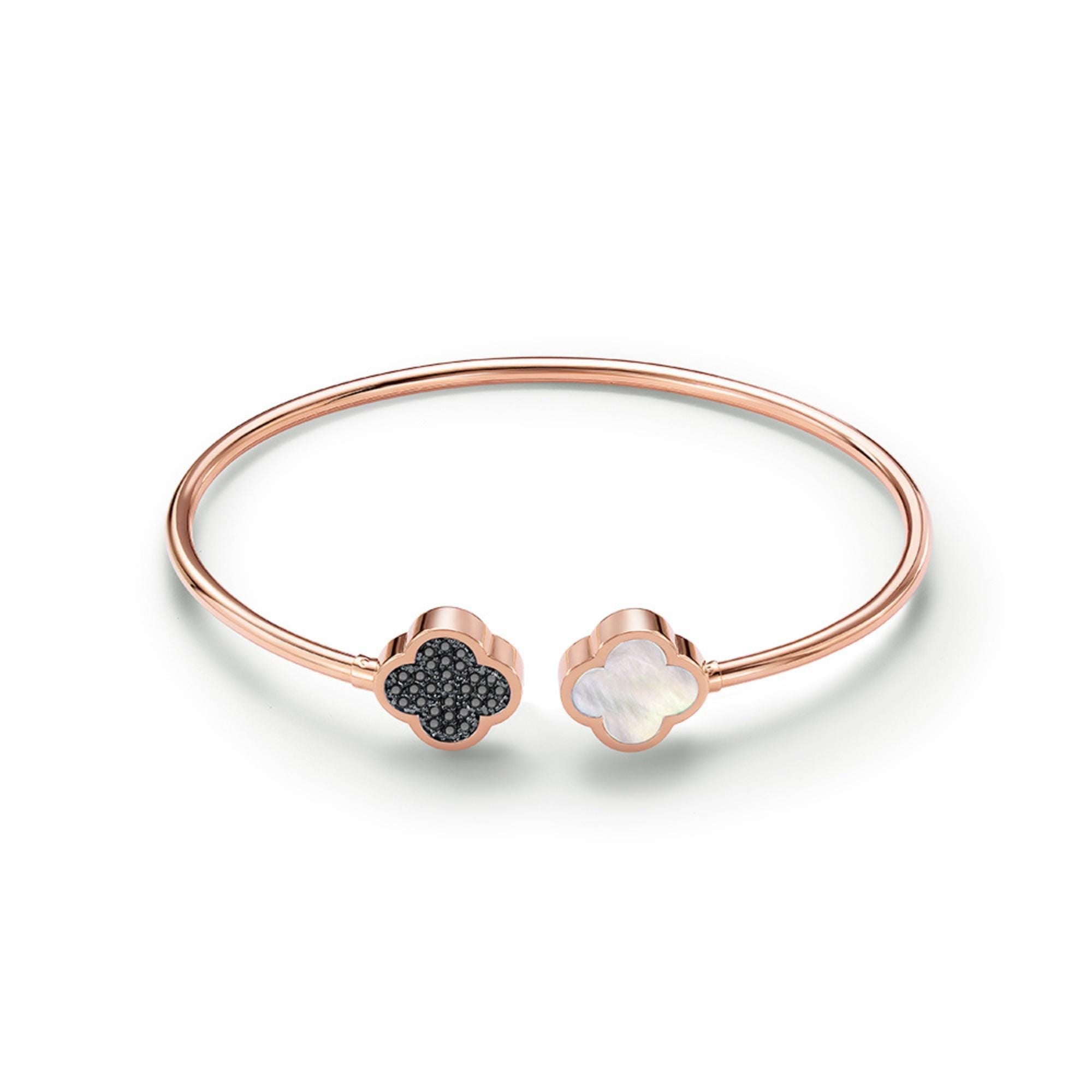 Solid Gold Clover Bangle Black & White Diamond Enamel Cuff