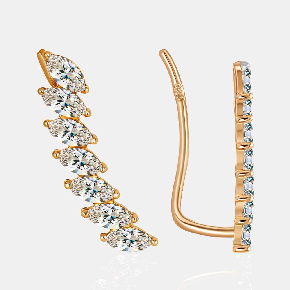 Solid Gold Diamond Climber Earrings, Marquise Cut Climber.