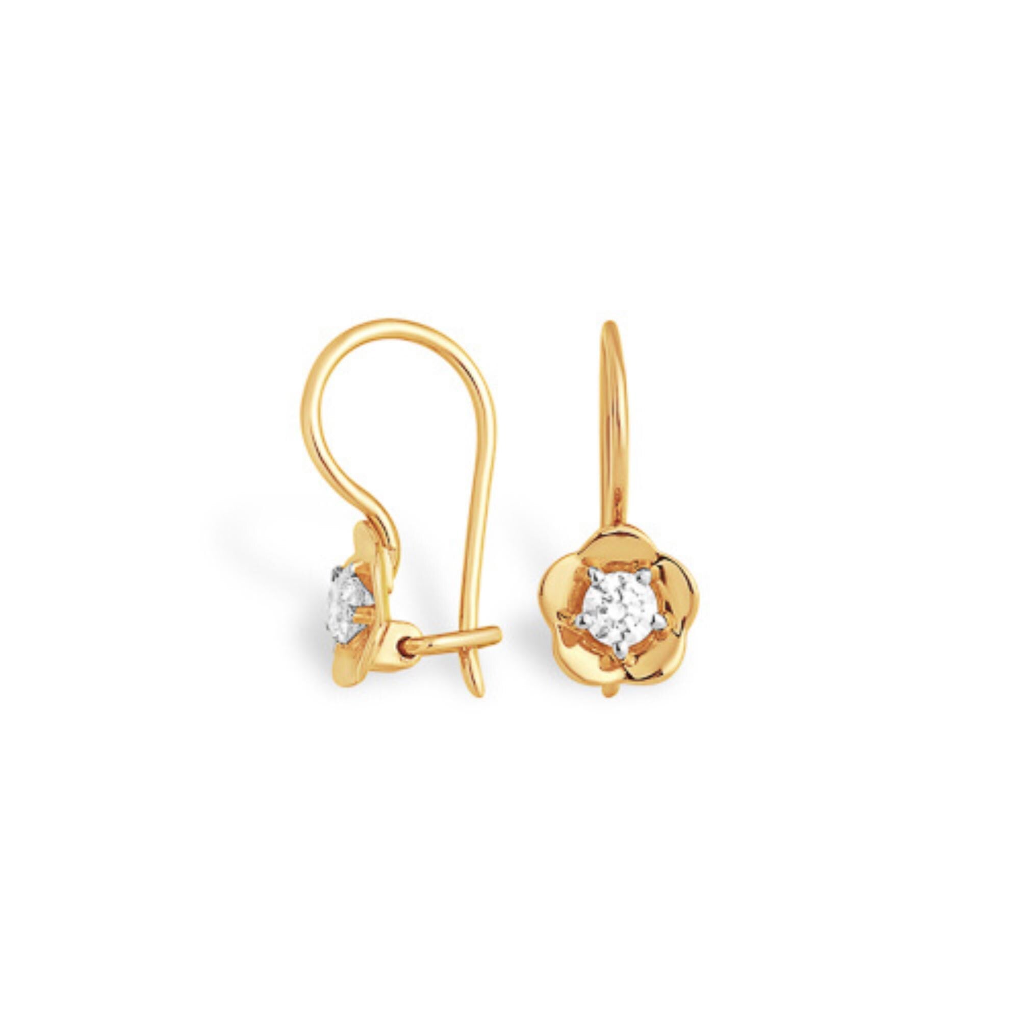 Solid Gold Floral Diamond Drop Earrings, Dainty Flower Hook Earrings