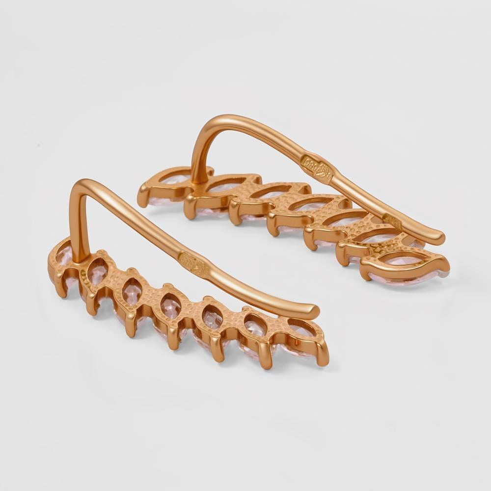 Solid Gold Diamond Climber Earrings, Marquise Cut Climber.