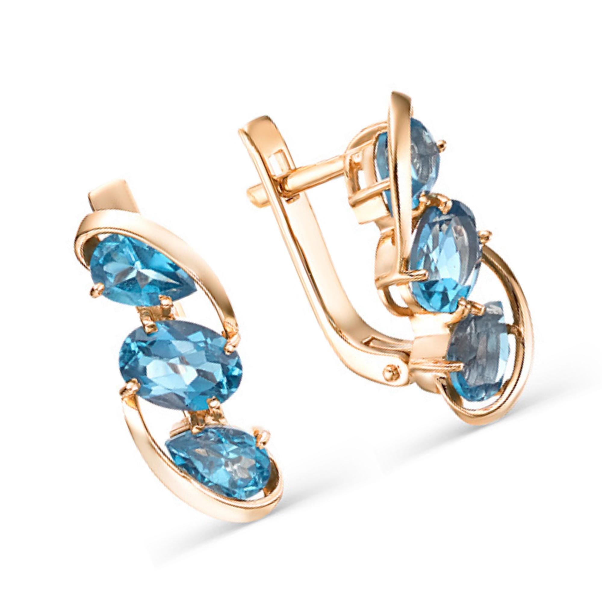 Solid Gold Blue Topaz Dangle Earrings | Oval Gem Drop Hoops