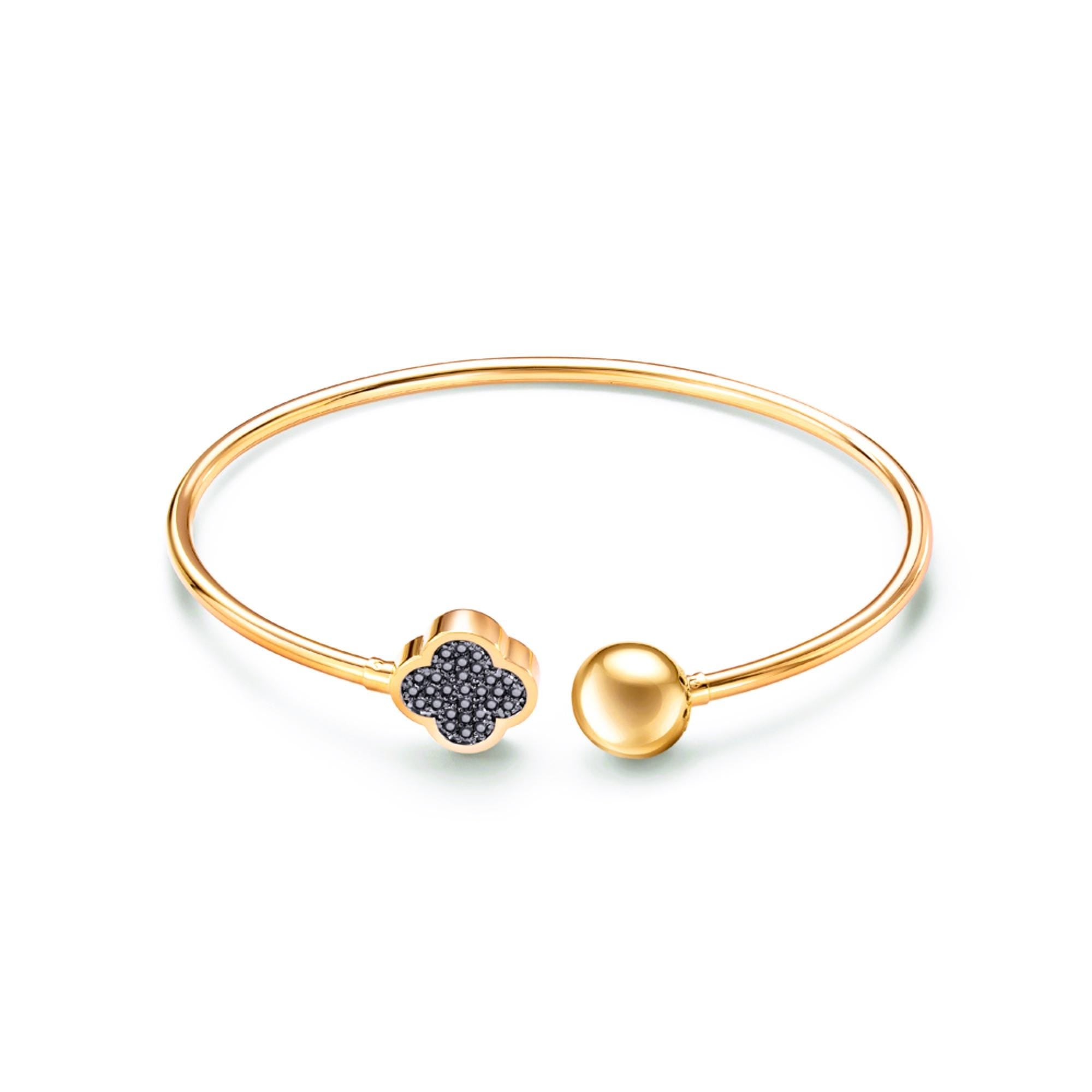 Solid Gold Clover Black Diamond Cuff Bracelet, Open Bangle