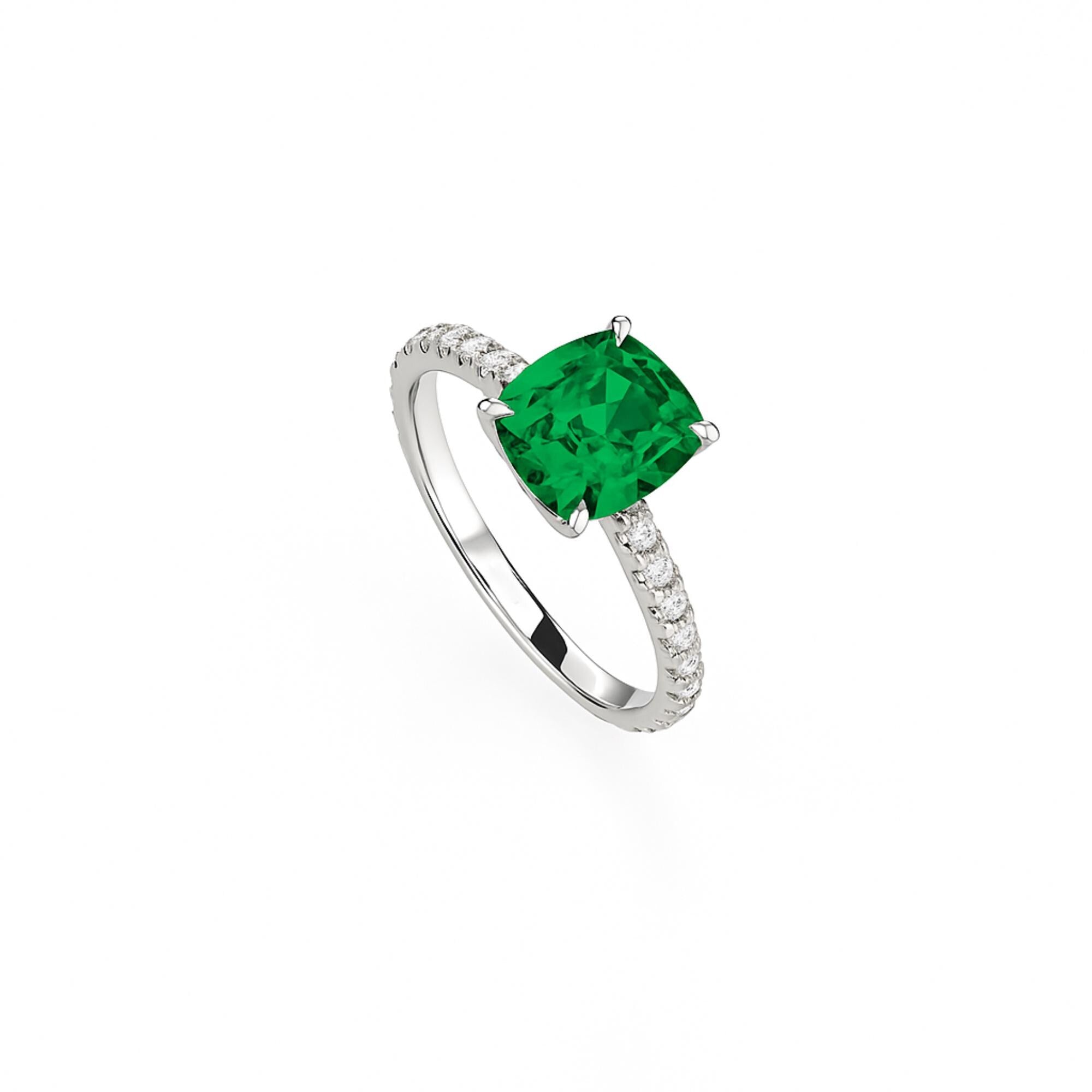 Solid Gold Cushion Cut Emerald Ring Diamond Accent Engagement Ring