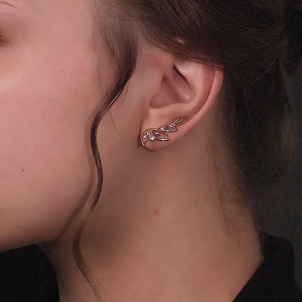 Solid Gold Leaf Climber Earrings | Marquise Vine, Diamond Accent