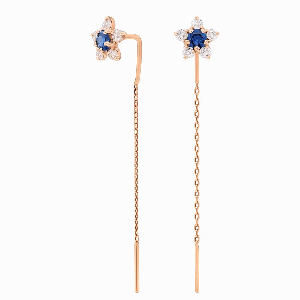 Sapphire Star Threader Earrings | Diamond Halo, Solid Gold Dangles.