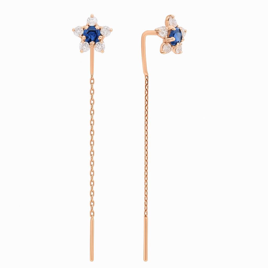 Sapphire Star Threader Earrings | Diamond Halo, Solid Gold Dangles.