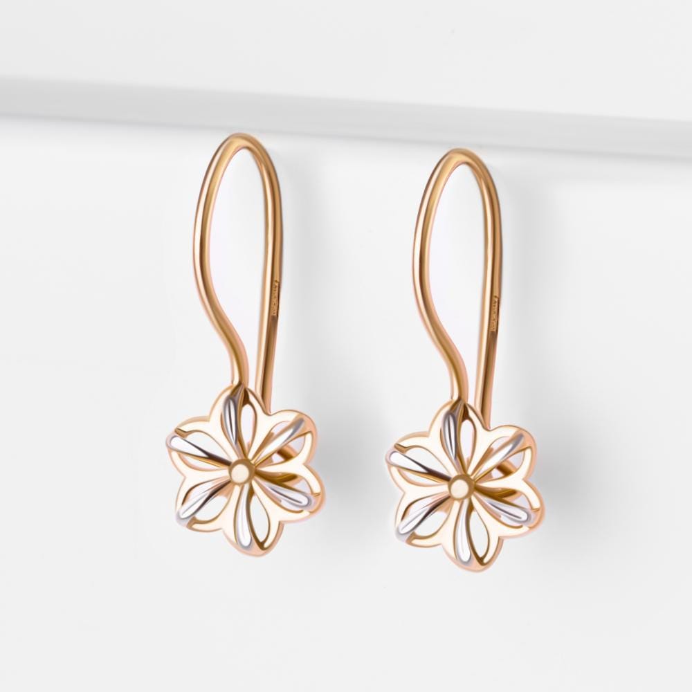 Solid Gold Floral Earrings, Two-Tone Flower Hoop Design.