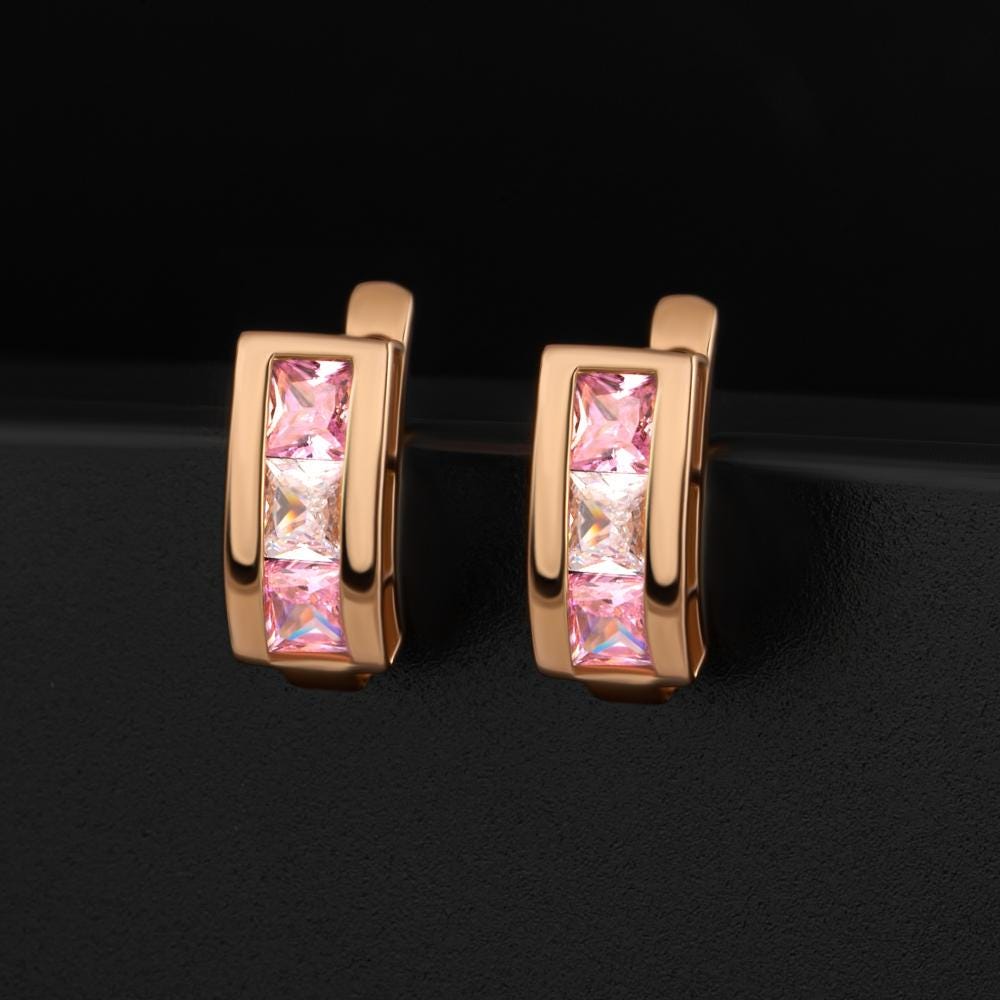 Solid Gold Pink Sapphire Hoop Earrings | Princess Cut Diamond Hoop.