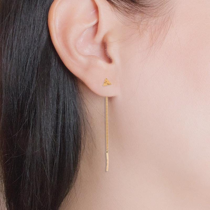 Solid Gold Geometric Triangle Chain Threader Earrings, Dangle Drops.