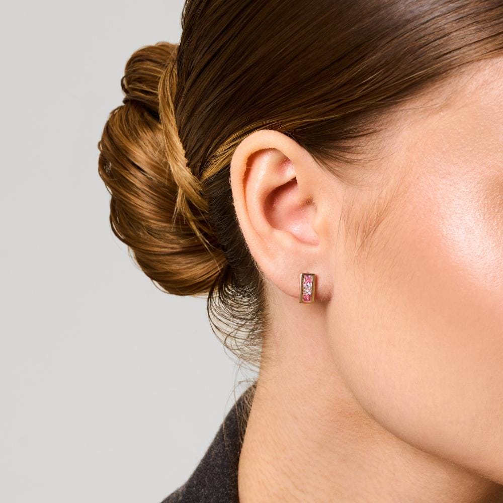 Solid Gold Pink Sapphire Hoop Earrings | Princess Cut Diamond Hoop.