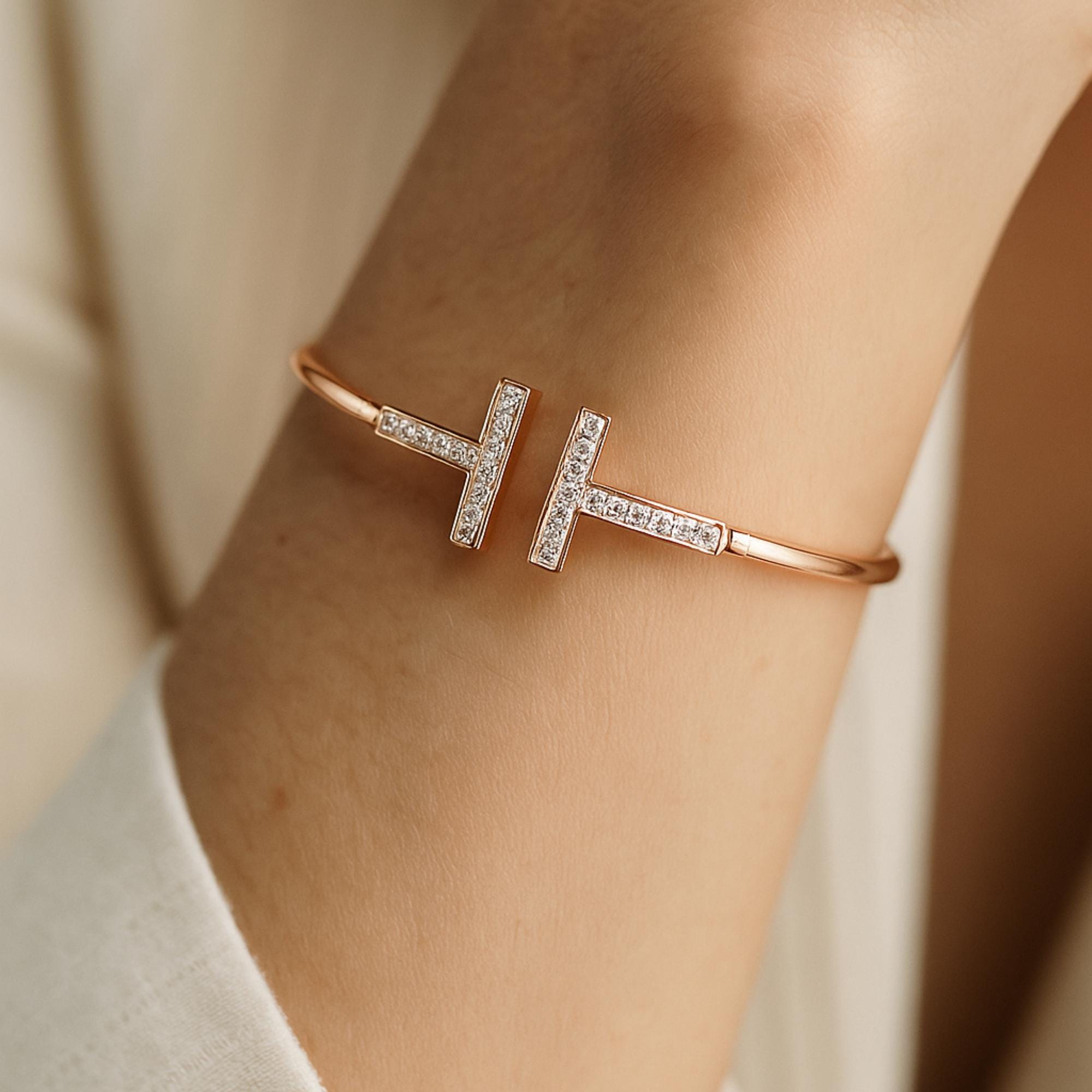 Solid Gold T Bar Diamond Bangle, Minimalist Jewelry.