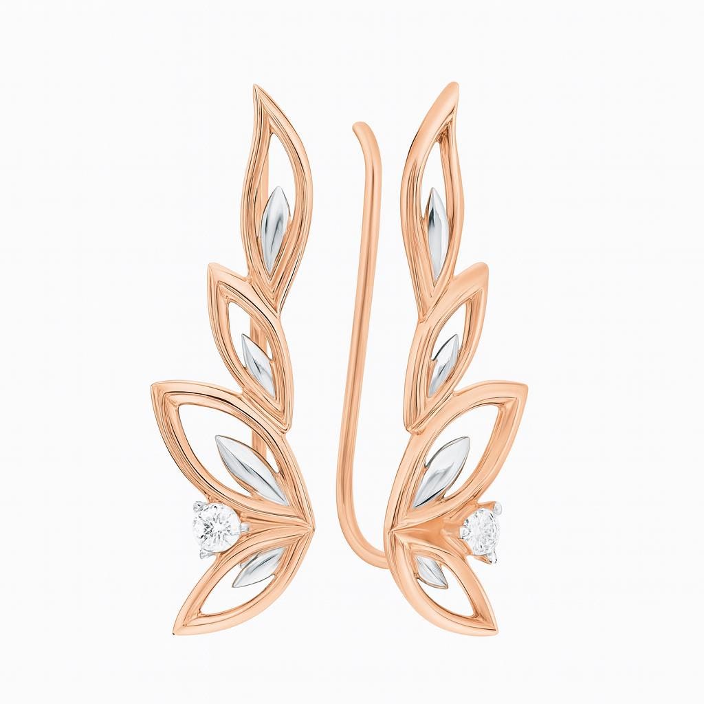 Solid Gold Leaf Climber Earrings | Marquise Vine, Diamond Accent