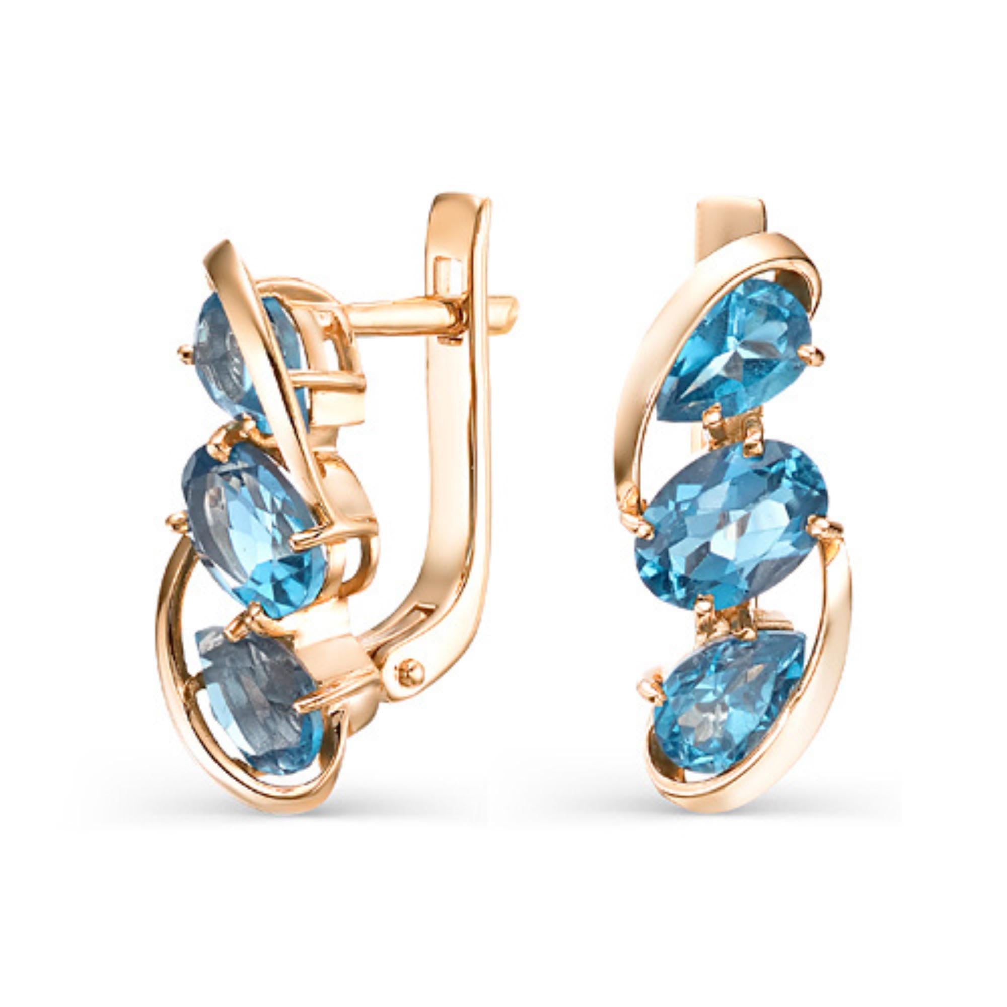 Solid Gold Blue Topaz Dangle Earrings | Oval Gem Drop Hoops