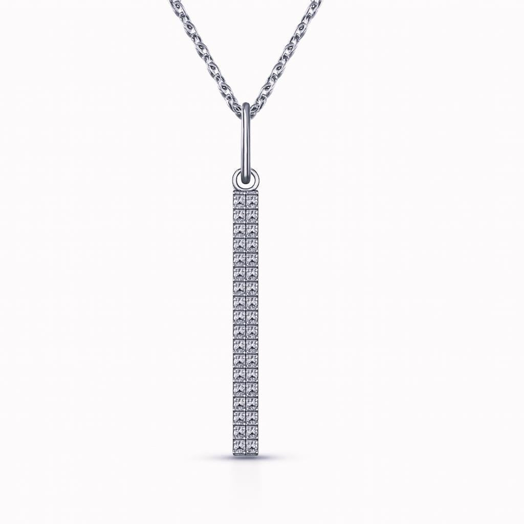 Solid Gold Diamond Bar Pendant Necklace | Vertical Pave Stick Charm