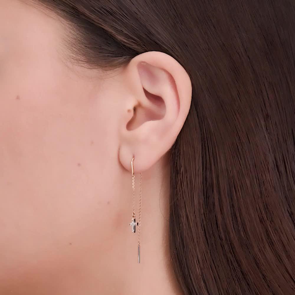 Solid Gold Cross Threader Earrings: Dainty Rose Gold Chain Dangle.