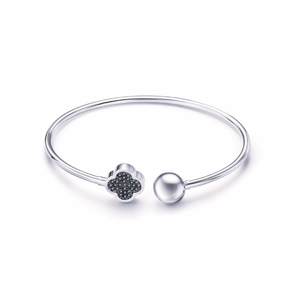 Solid Gold Clover Black Diamond Cuff Bracelet, Open Bangle