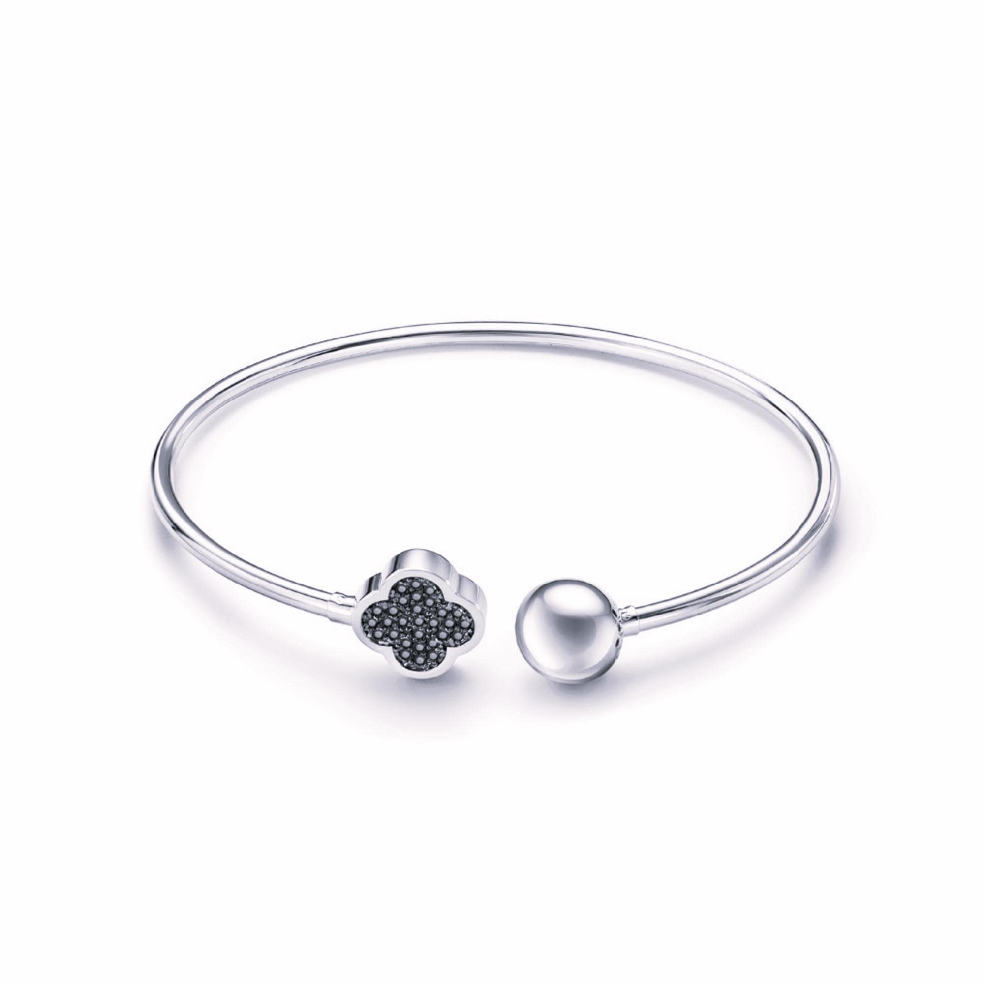 Solid Gold Clover Black Diamond Cuff Bracelet, Open Bangle