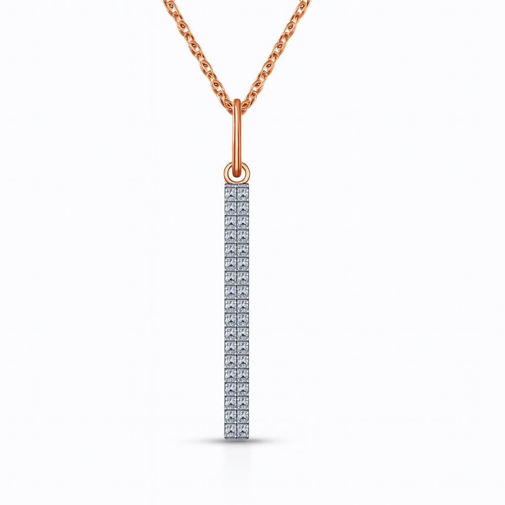 Solid Gold Diamond Bar Pendant Necklace | Vertical Pave Stick Charm