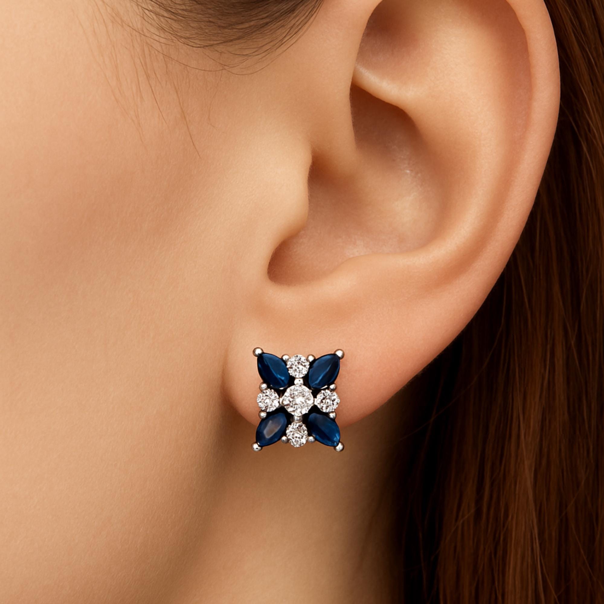 Gold Floral Stud Earrings, Blue Sapphire, Lab Grown Diamonds