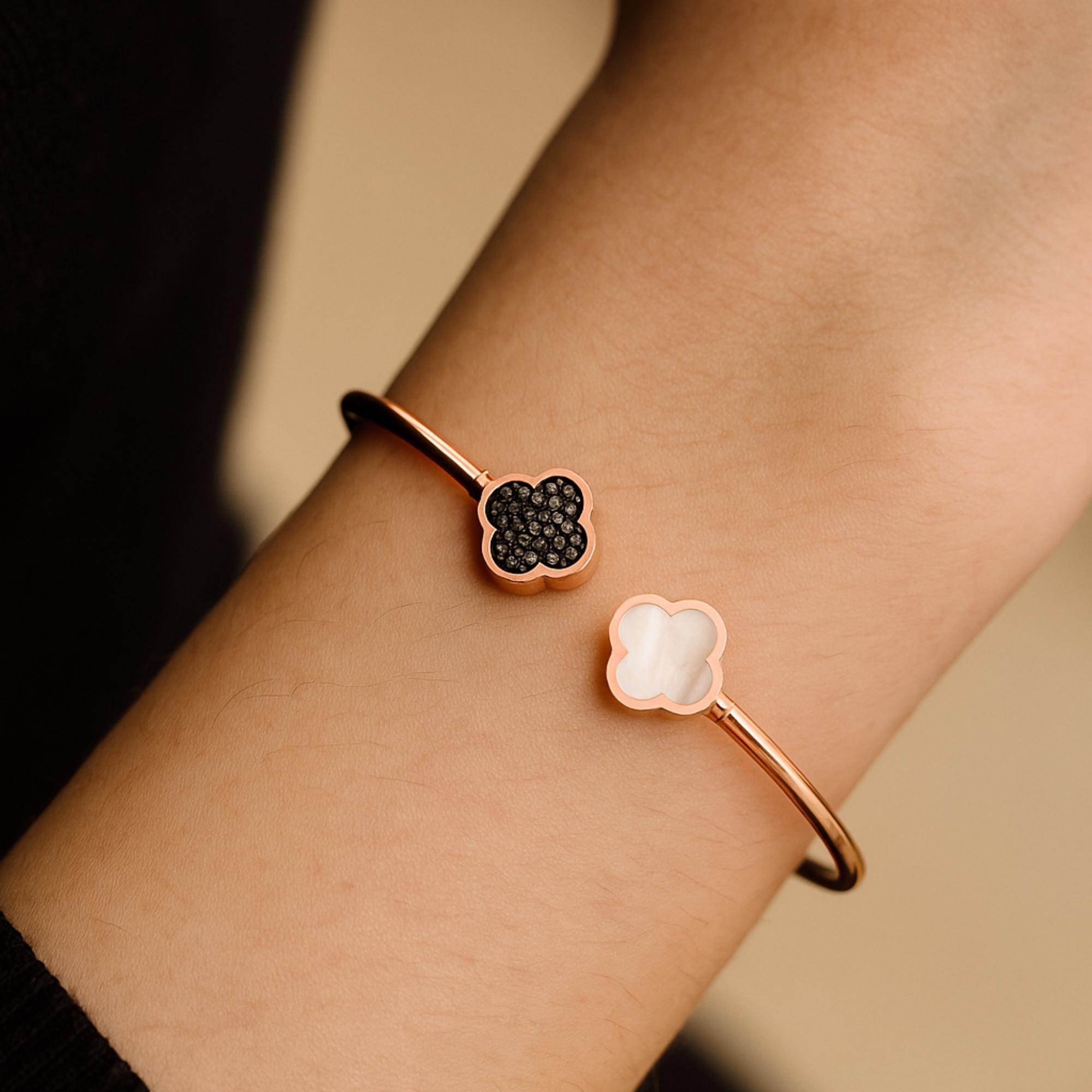 Solid Gold Clover Bangle Black & White Diamond Enamel Cuff