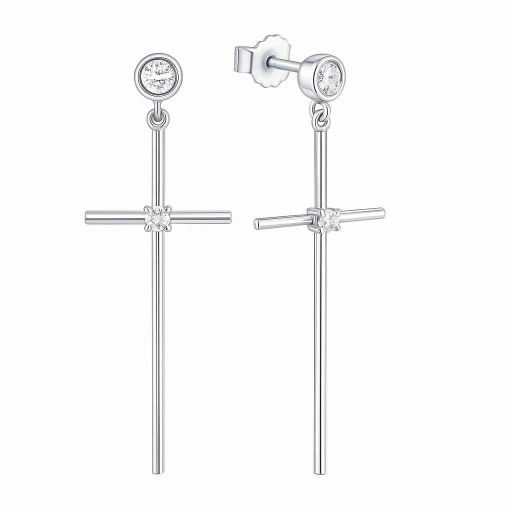 Solid Silver Cross Drop Earrings | Lab Grown Diamond Faith Jewelry