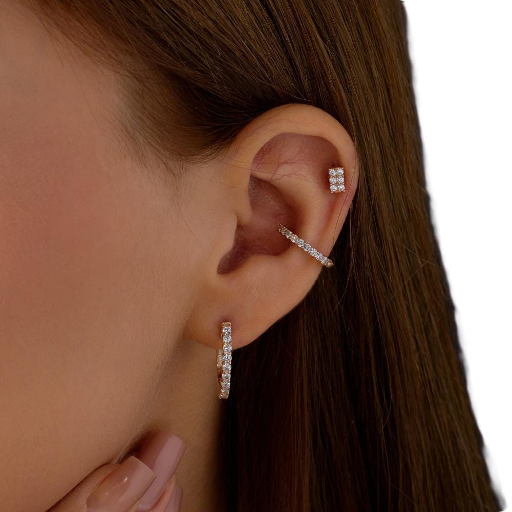 Solid Gold Diamond Hoop Earrings, Dainty Huggie Style.