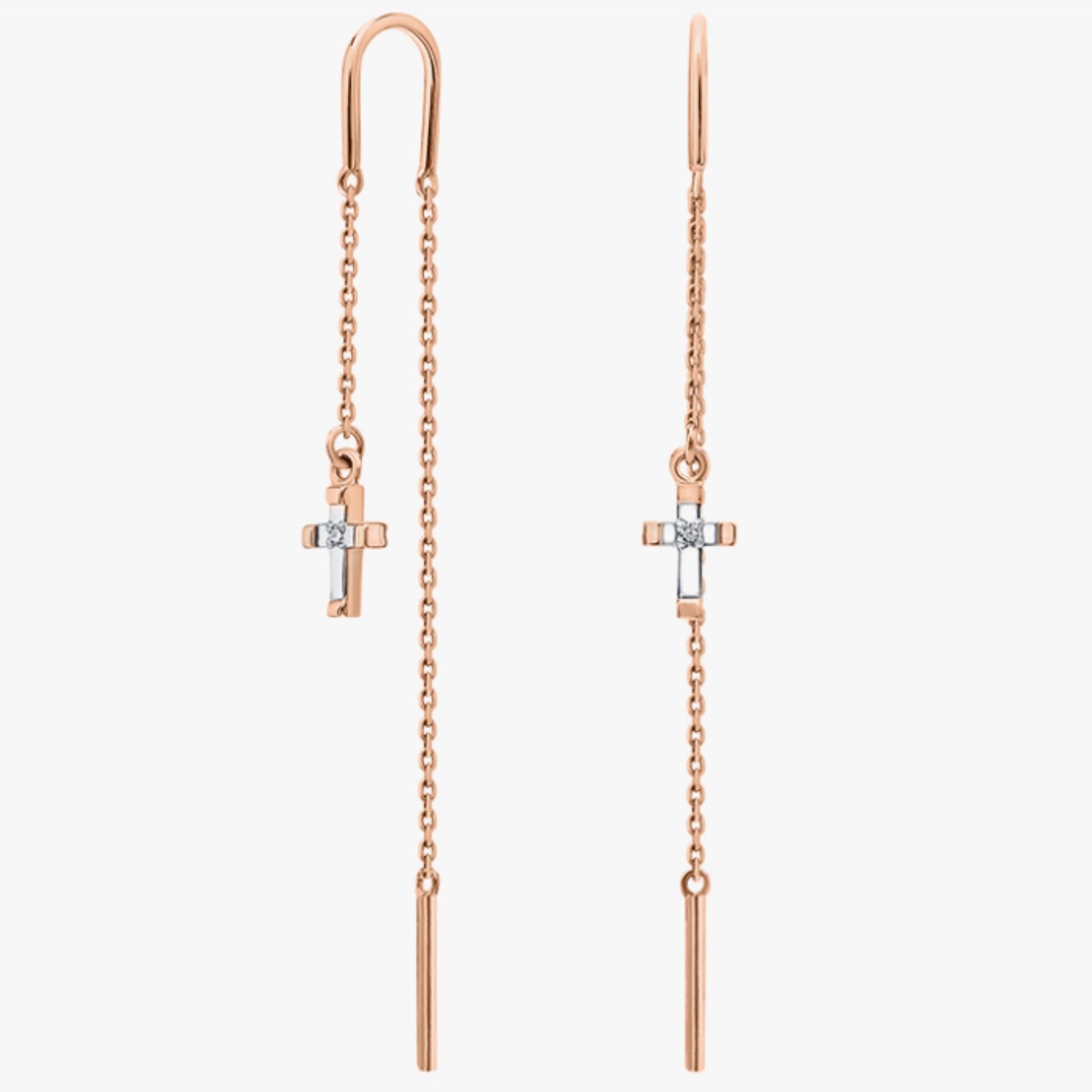 Solid Gold Cross Threader Earrings: Dainty Rose Gold Chain Dangle.