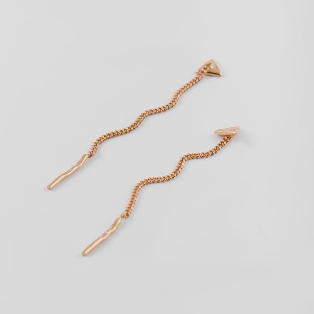 Solid Gold Geometric Triangle Chain Threader Earrings, Dangle Drops.