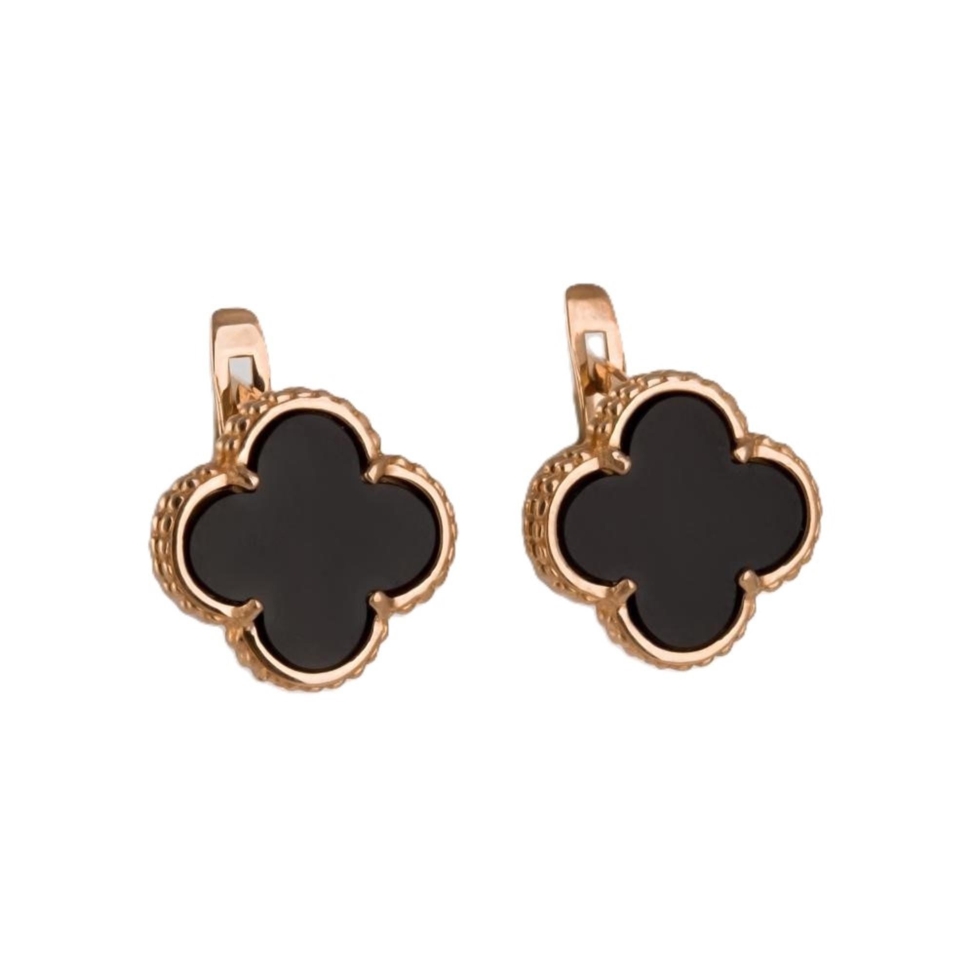 Solid Gold Black Enamel Clover Hoop Earrings, Luxury Four-Leaf Design.