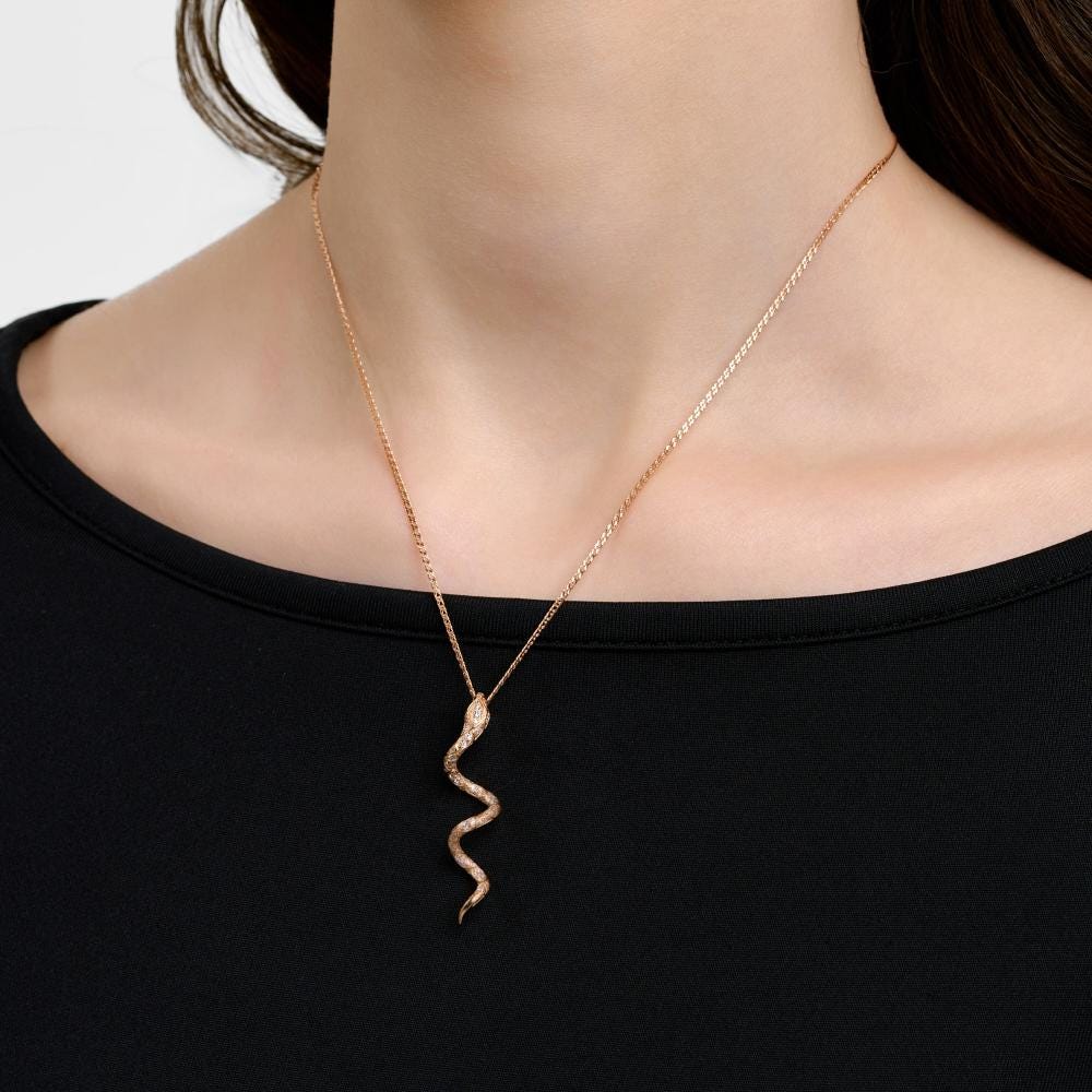 Solid Gold Diamond Snake Pendant, Serpent Necklace Charm.