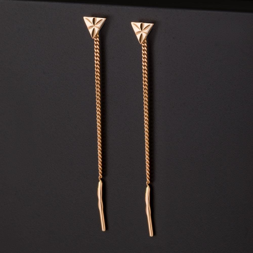 Solid Gold Geometric Triangle Chain Threader Earrings, Dangle Drops.