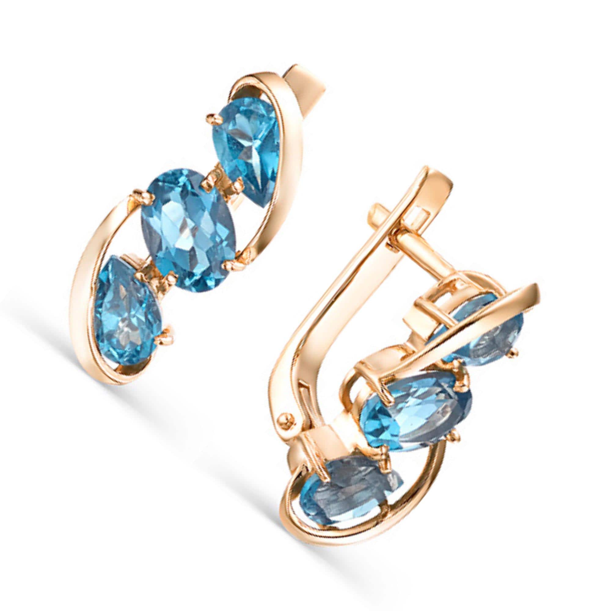 Solid Gold Blue Topaz Dangle Earrings | Oval Gem Drop Hoops
