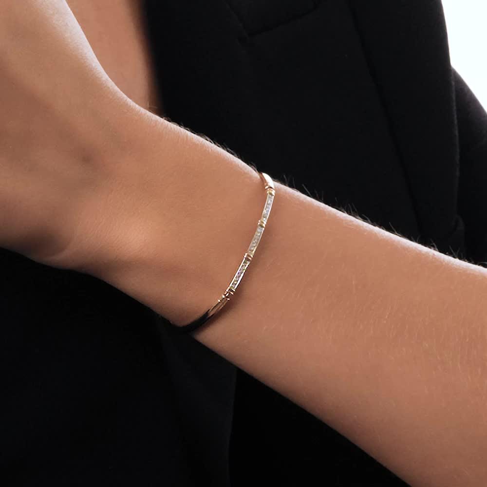 Solid Gold Two-Tone Diamond Bar Bangle | Adjustable Minimalist Bracelet