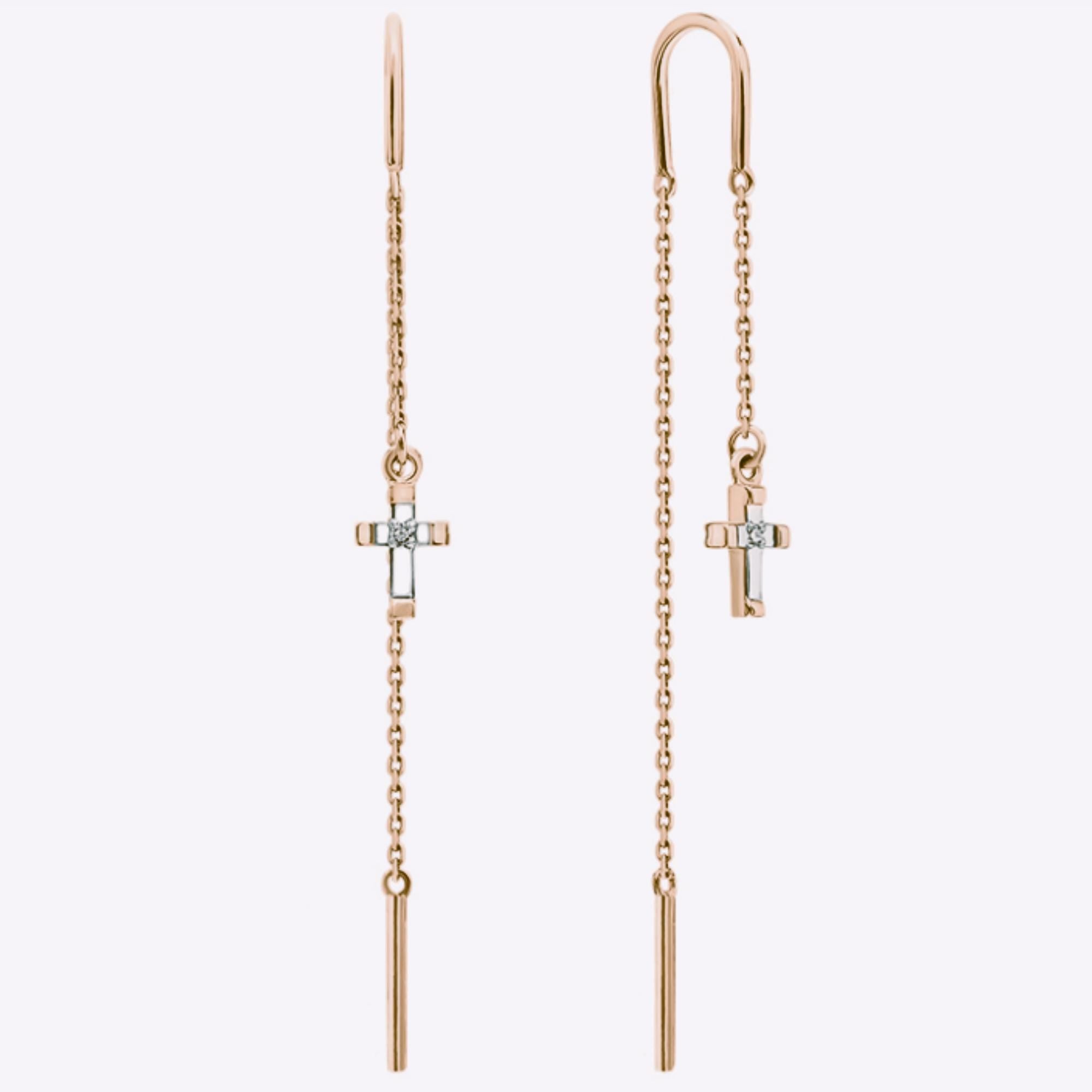 Solid Gold Cross Threader Earrings: Dainty Rose Gold Chain Dangle.